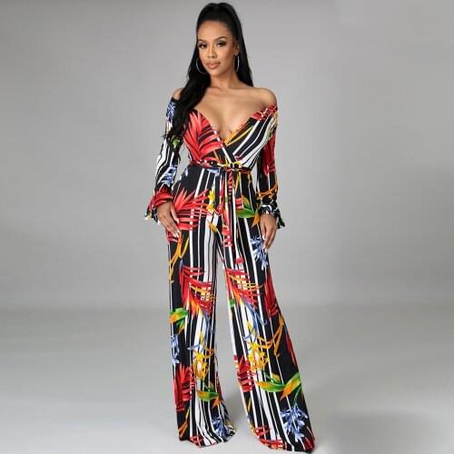 Womens Jumpsuit Sexy Print Loose Rompers for Women Deep V-neck Long Sleeve Waist Lace Up Playsuit Cleavage Party Club Outfits