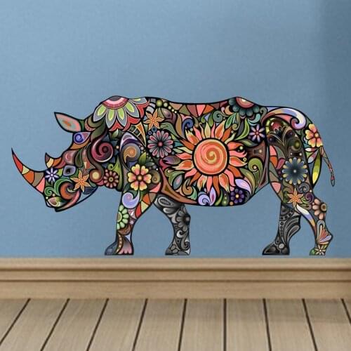Colorful Rhinoceros Wall Art Decal Decoration Pattern Animals Wall Stickers Decals Living Room Bedroom TV Sofa Decor Mural