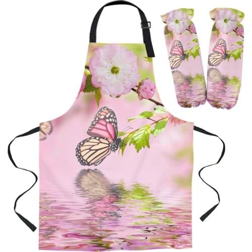 Kitchen Cooking Apron Cuff Butterfly Water Wave Pink Flower Home Sleeveless Aprons for Men Women Kids Baking Accessories