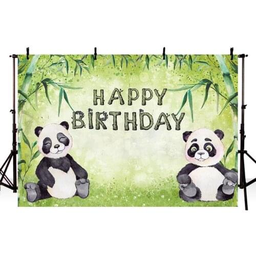 Cute Baby Child Birthday Party Pandas Bamboo Leaves Green Color Backdrop Photography Background Telon De Fondo Para Fotografia