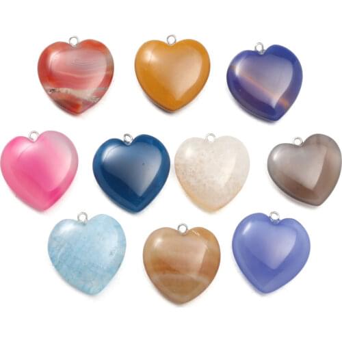 Fashion Natural Stone Agates Pendant Hearts Quartz Charm DIY Jewelry Making Necklacce Gifts For Women Size 26x26mm