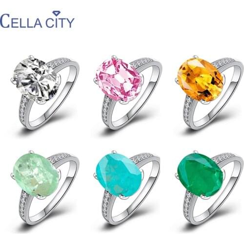 CellaCity Trendy 925 sterling silver ring for charm women with oval shape emerald paraiba gemstones silver fine jewelry gift