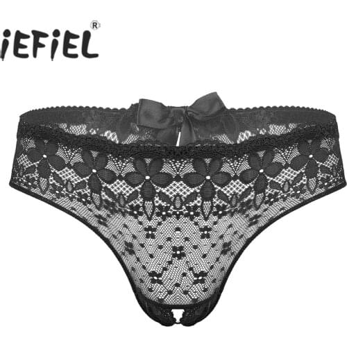 Men Lace Trim See-through Mesh Crotchless Exotic Panties Low Waist Stretchy Briefs Bowknot Sissy Underwear for Lingerie Party