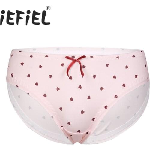 Male Mens Sissy Crossdress Sexy Briefs Cartoon Heart Print Ruffled Lace Bowknot Lingerie Panties Gay Underwear Underpants