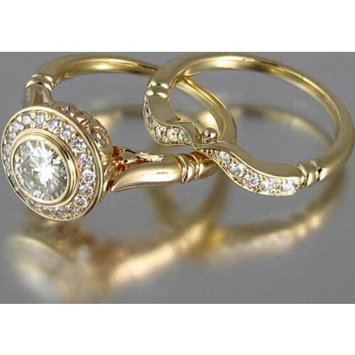 Luxury Female Wedding Ring Set Vintage Crystal Yellow Gold Filled Color Stackable Ring Promise Engagement Rings For Women