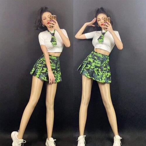 New Girls Pole Dancing Clothes Nightclub Female Singer Stage Performance Costumes Green Camouflage Skirt Rave Outfits DWY6109