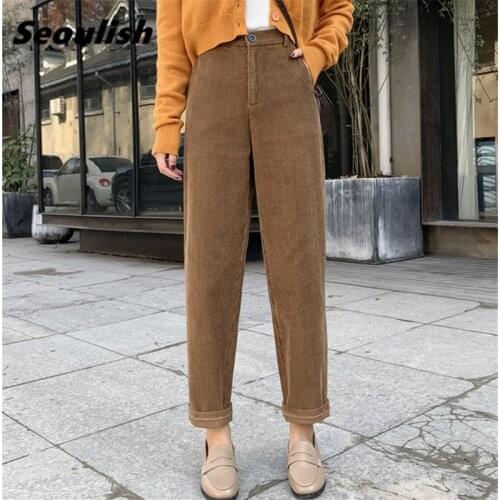Seoulish 2021 New Autumn Winter Loose Corduroy Pants Vintage High Waist Solid Pockets Womens Casual Wide Leg Trousers Female