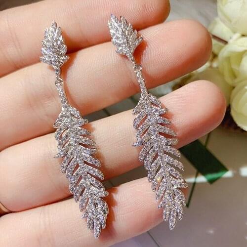 New Arrival Hotsale white Gold color cubic zircon micro paved elegant leaf earring for women christmas gift