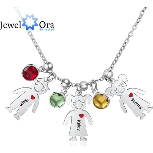 JewelOra Personalized Engraved Name Boy Girl Pendant Necklace with Heart Custom Birthstone Stainless Steel Necklaces for Women