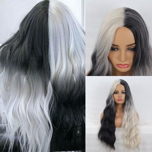 Natifath Womens wigs White And Black Wig Long Water Wave Cosplay Wig Two Tone Ombre Color Women Synthetic Natural Hair Wigs