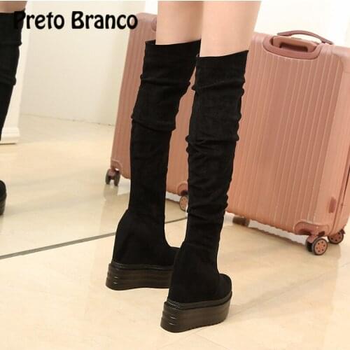 PRETO BRANCO 2021 Women Female Trimming Sexy Knee Length Boots Winter Nightclub Thick Bottom Wedge Heels Boot for Ladies ZYW