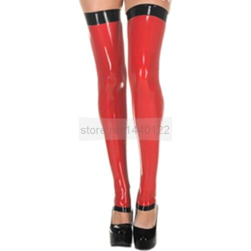 Rubber Latex Stockings Unisex Red Step Foot Long Stocks With Black Edge Patchwork Colour Rubber Tights Customize Service LA064