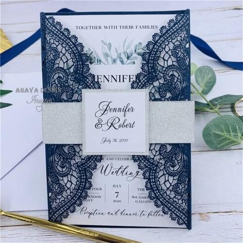 Luxury Pearl Dark Navy Laser Cut Wedding Invitation With Glitter Silver Belly band&Tag, Customized Insert