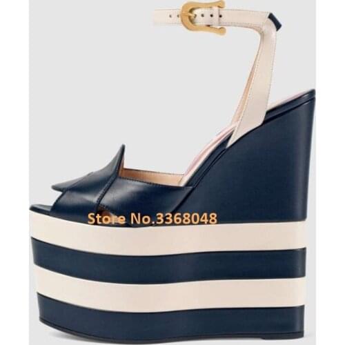 Striped Platform Wedges Sandals Ankle Buckle Peep Toe Leather Ladies Shoes Supper High Women Sandals Runway Summer Shoes Popular