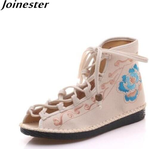 Summer Women Cross-Tied Open Toe Sandals Rome Style Ladies Vintage Embroidered Low Heeled Beach Shoes Ethnic Gladiator Sandal