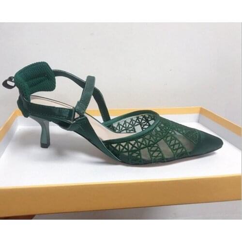 CutOut Lace High Heel Summer Sandals Women Pointed Toe Sandalias Mujer Stilettos Ladies Shoes Slingbacks Pumps Green Talon Femme