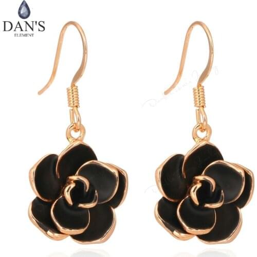 DANS ELEMENT Rose Flower Cubic Zirconia Inlaid Rose Gold Color Dangle Earrings Fashion Crystal For Women brincos DEE089