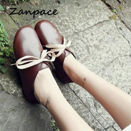 Zanpace Flat Shoes Women Comfortable Leather Shoes Round Toe Lace-Up Shallow Mouth Flat Shoes for Mother Sweet Bean Shoes