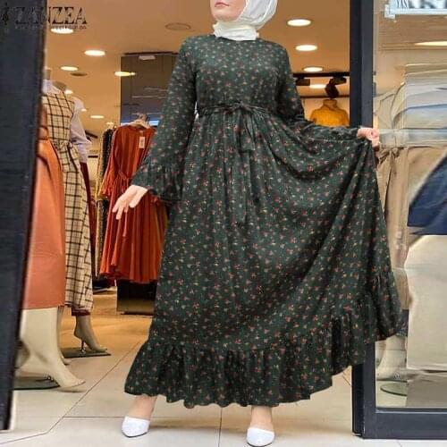 ZANZEA Vintage Floral Printed Maxi Dress Women Islamic Clothing Long Sleeve Ruffles Sundress Robe Dubai Turkey Abaya Hijab Dress