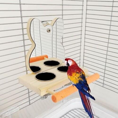 Parrots Mirror Play Stand Birds Wooden Toys Perch Playgym with Feeder Cups Bowls 11UA
