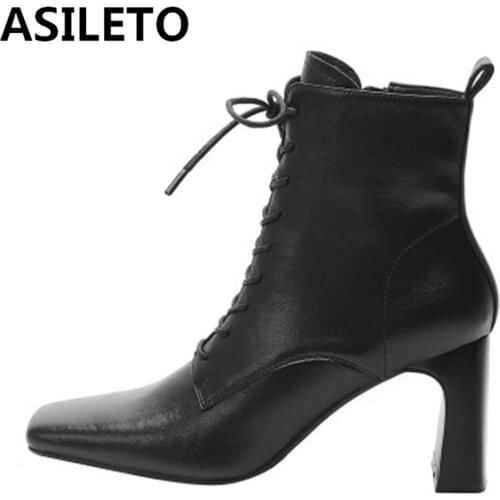 ASILETO Women genuine leather shoes Ankle boots Square toe Cross tied Zipper Strange style Solid High quality Female Autumn