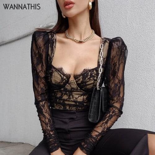 WannaThis Lece T-Shirts Women Long Sleeve V-Neck Sexy Mesh Sleeve See-through Patchwork Autumn 2020 Black Elegant Lace Crop Top