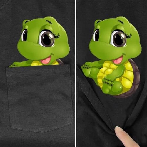 CLOOCL Women Cotton T-Shirts Fashion Pocket Cartoons Small Sea Turtle Printed Casual Hip Hop Tops Harajuku Black Cotton Clothes