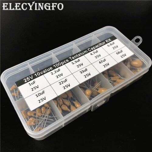 10values 100pcs 25V 1uF 2.2uF 3.3uF 4.7uF 6.8uF 10uF 22uF 33uF 47uF 68uF tantalum capacitor assorted kit with storage box