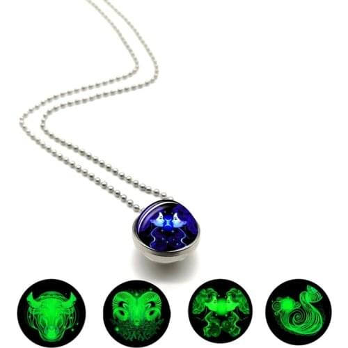 12 Zodiac Luminous Constellation Necklace Zodiac Double Side Cabochon Glass Crescent Chain Necklace Birthday Gifts for Women