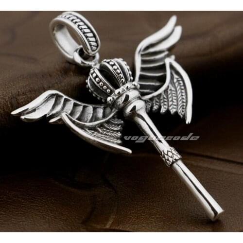 925 Sterling Silver Angel Wing Scepter Crown Mens Biker Pendant 8X022