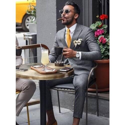 ANNIEBRITNEY Grey Stripe Men Smart Casual 2 Piece Suit Peaked Lapel Business Tailor Made High Quality Men Slim Suit With Pants