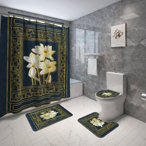 Black Golden Bath Mat and Shower Curtain Set Simple Modern Style Home Decoration Bathroom Shower Room Bath Curtain Floor Mat