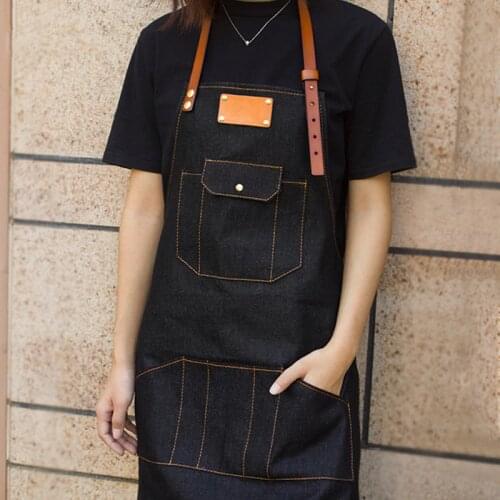 Black Blue Denim Bib Apron Leather Strap Barista Pastry Bartender Uniform Hairdresser Barber Florist Painter Artist Work Wear K7