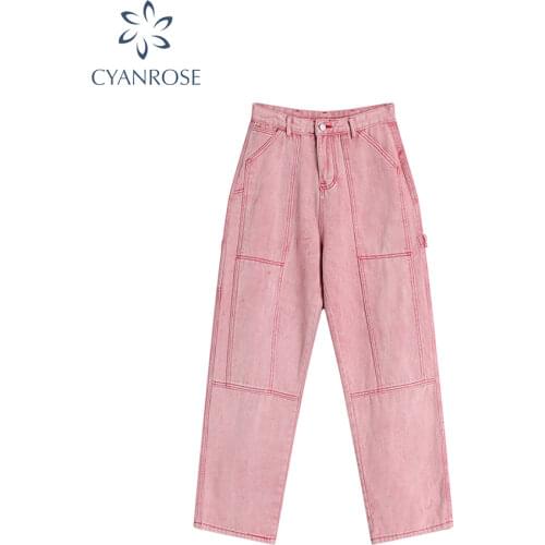 Pink Straight Patchwork Pockets Jeans Women Vintage High Waist Denim Pant Boyfriend Wide Leg Jeans Female Streetwear Autumn 2021