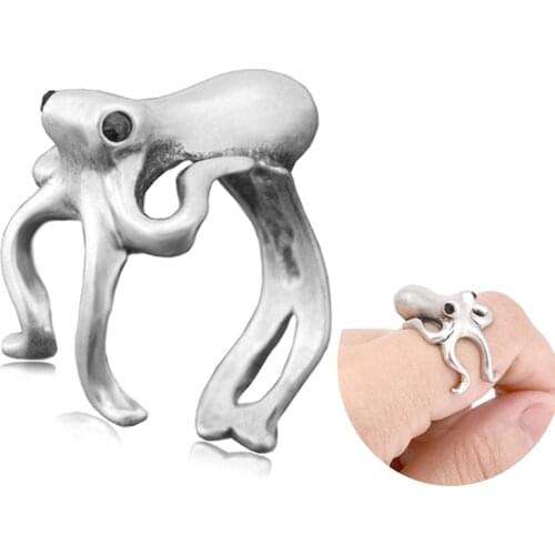Vintage SIver Color Crystal Eye Octopus Rings For Women Hip Hop Adjustable Animal Ring Anel Men Fashion Jewelry Party Gifts