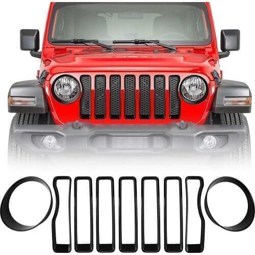NEW 9PCS Front Grill Inserts + Headlamp Verlays Kit For 2018 Jeep Wrangler JL sport Accessorie