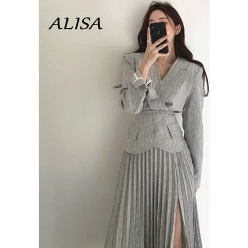 Korean Elegant Blazer Suits Women Fashion Minimalist Blazer Coats + High Waist Pleated Skirt Outfits Woman Office Skirts Suits