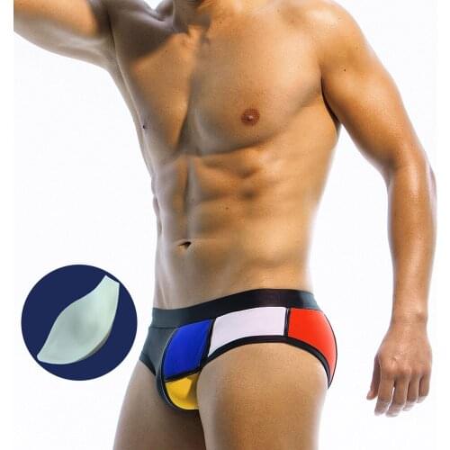 Mens Swimming Suits Patchwork Sponge Pad Cup Push Up Body Shaping Swimming Wear Sexy Close-fitting Beach Mens Swimming Briefs
