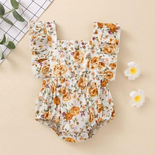 Summer Baby Girls Sweet Flower Print Bodysuit Fashion Ruffles Fly Sleeve Backless Bandage Wrapped Jumpsuit