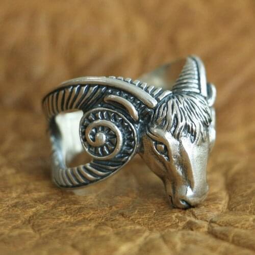 LINSION 925 Sterling Silver Long Horn Ram Skull Ring Mens Biker Ring TA123 US Size 7~15