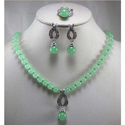 Fashion WomenS Precious jade gem Necklace Earring Ring(7/8/9)Jewelry Set