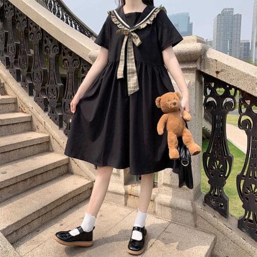 2021 summer new plus size womens girl summer new Lolita soft girl student navy style JK sweet mid-length dress