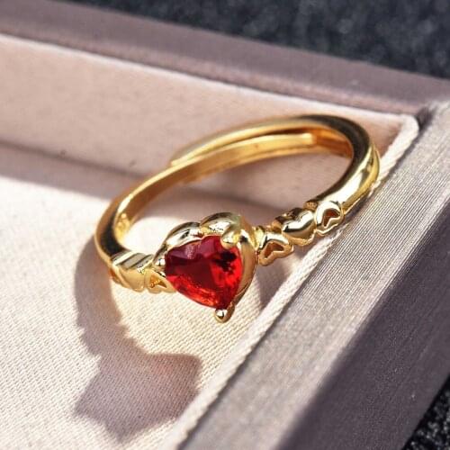 2021 Silver New Small Fresh Love Heart-shaped Red Diamond Ring Gold Plated Adjustable Ring For Women Exquisite Jewelry Wholesale