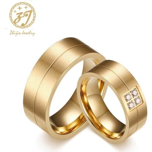 Zhijia Cubic Zirconia Couple Ring Gold Color Ring for Women Man 316 Stainless steel Lover Ring Stainless Steel Wedding Band