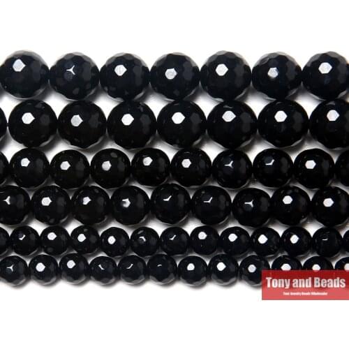 Natural Stone Faceted Black Onyx Agates Round Loose Beads 15" Strand 6 8 10 12MM Pick Size For Jewelry