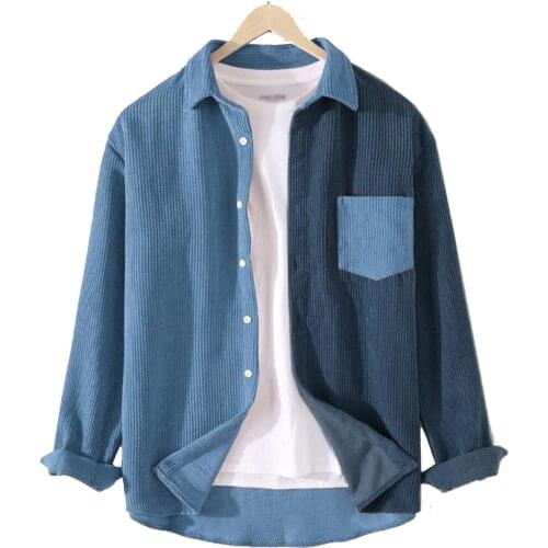 Mens Corduroy Shirts Lapel Collar Blue Thick Winter Tops Soft Vintage Long Sleeve Pockets Loose Male Shirts Oversized Clothes