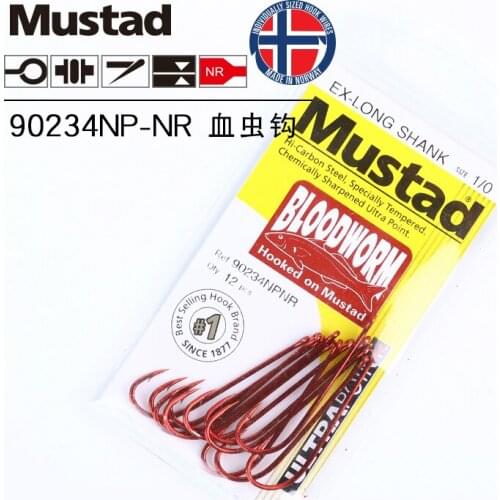Mustad 90234NP Fishing Hooks Long Blood Worm Lure Bait Hook High Carbon Steel Red Hooks High Strength Barbed Circle 1-12# Pesca