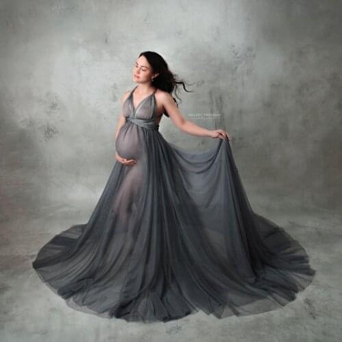 Sexy See Thru Dark Gray Tulle Maternity Gowns Halter Backless Maternity Dresses To Photography Fashion V-necl Mesh Pregnancy