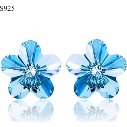 Genuine Real Pure Solid 925 Sterling Silver Stud Earrings for Women Jewelry Flower Blue Austrian Crystal Female Earrings Bijoux