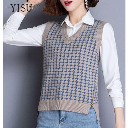 YISU Spring sleeveless Women Sweater waistcoat V-Neck Buttons houndstooth Spring tops Female Loose Casual knitted vest sweater